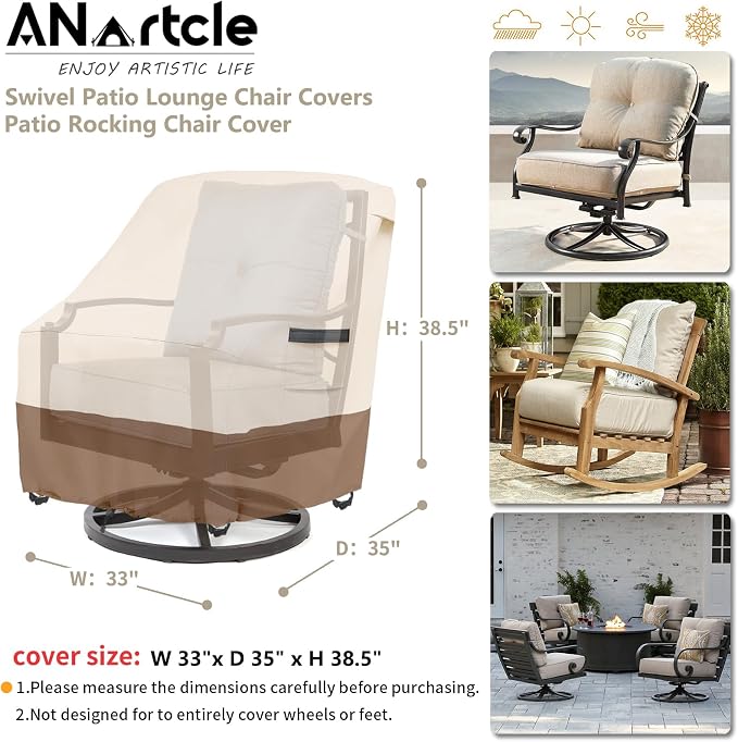 ANartcle Outdoor Swivel Lounge Chair Cover 2 Pack,Waterproof Heavy Duty Lawn Patio Chair Covers,Patio Swivel Chair Covers for Outdoor Furniture (33 W x 35 D x 38.5 H inches) Beige&Brown - Image 4