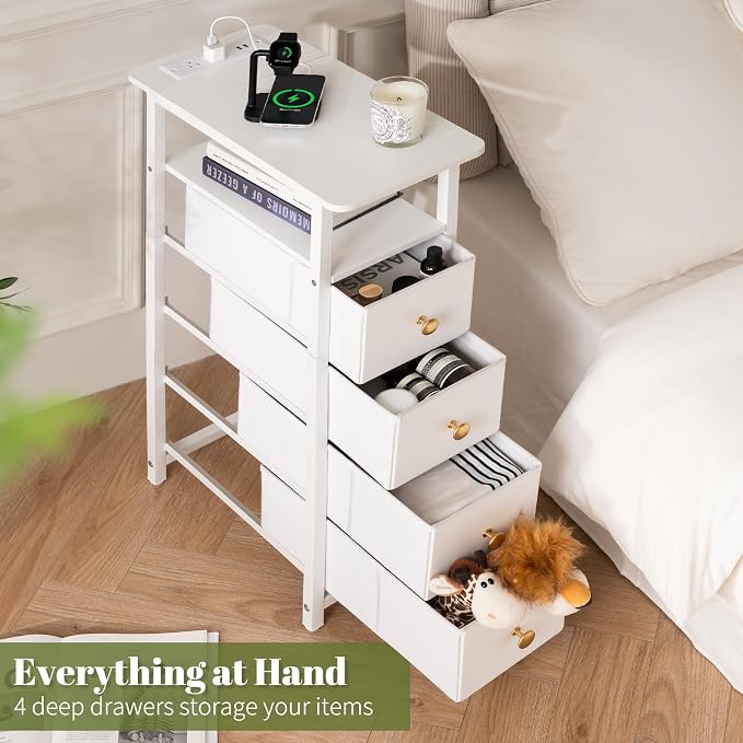 Yoobure LED Narrow Nightstand with Charging Station - Slim Dresser for Bedroom Narrow Side Table Storage Cabinet, Small Dressers Chest of Drawers, Tall Night Stand End Table for Small Spaces, White - Image 6