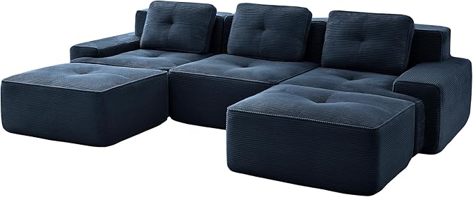 Casaphoria 115'' Blue Modular Sofa Set, 3-Seat U-Shaped Corduroy Couch with 2 Ottomans for Large Living Room No Assembly Required Deep Seat Sectional Couch