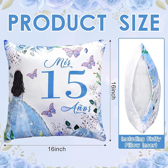 Kathfly Cojines para 15 Años De Quinceañera Decoration 16 x 16 Inche Blue Quinceañera Pillow Gifts Mis Xv Años Throw Pillow Sweet for Daughter Sister Friend 15th Birthday Gifts