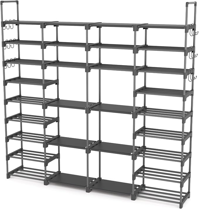 ROJASOP Large Shoe Rack Organizer for Entryway Closet 64-68 Pairs 9-Tier Heavy Duty Tall Garage Shoe Rack Shoe Shelf Shoes Storage with 18 Pcs Removable Side Hooks for Bedroom and Garage Grey - Image 8