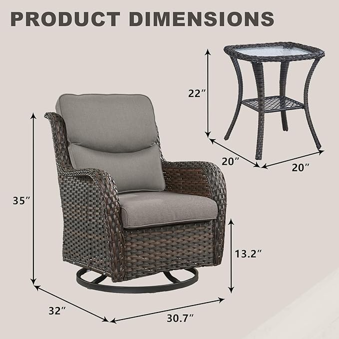 Rilyson Wicker Rocking Chair Swivel Chairs - 3 PC Rocker Patio Furniture Set Rattan Rocking Bistro Sets with Glass Top Side Table for Outdoor Porch Deck Garden Backyard (Brown/Grey/Smile)