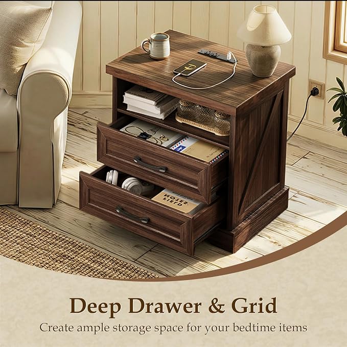 AODK 24 Inch Farmhouse Nightstand Set of 2, Bedside Tables with Charging Station, Wood End Tables with 2 Drawers and Open Shelf, Rustic Bed Side Table for Bedroom & Living Room, Dark Walnut - Image 4