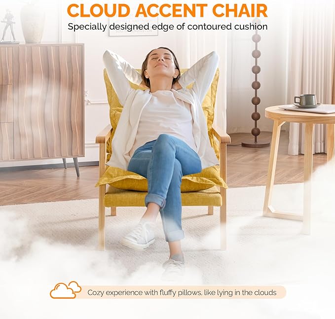 VINGLI Mid-Century Modern Cloud Accent Armchair with Lumbar Pillow, 6.3'' Thick Seat Cushion Comfortable Reading Chair with Wooden Armrests，Boho Lounge Chair for Bedroom, Living Room, Chenille, Yellow