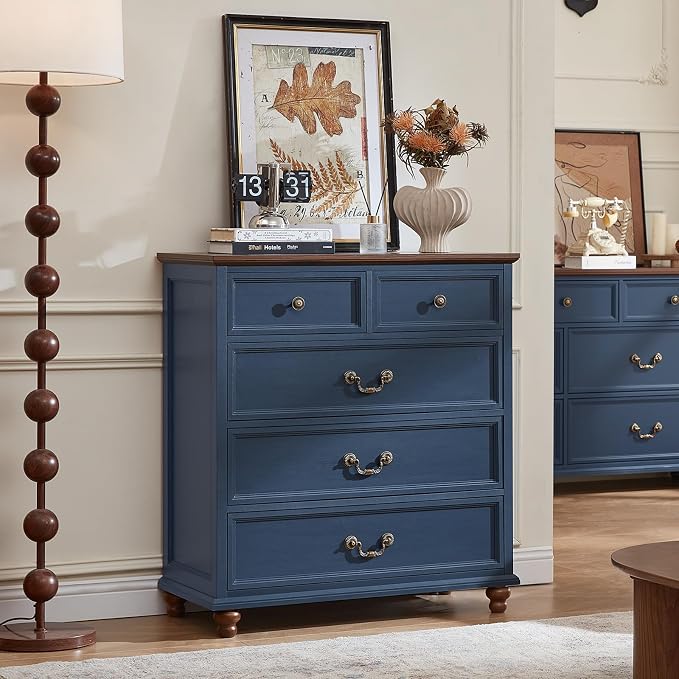 Joaxswe Farmhouse 5 Drawer Dresser for Bedroom, 35" Tall Rustic Chests of Drawers w/ 4 Solid Wood Feet, Mid Century Modern Wooden Closet Storage Dressers Organizer for Living Room, Hallway,Blue - Image 6