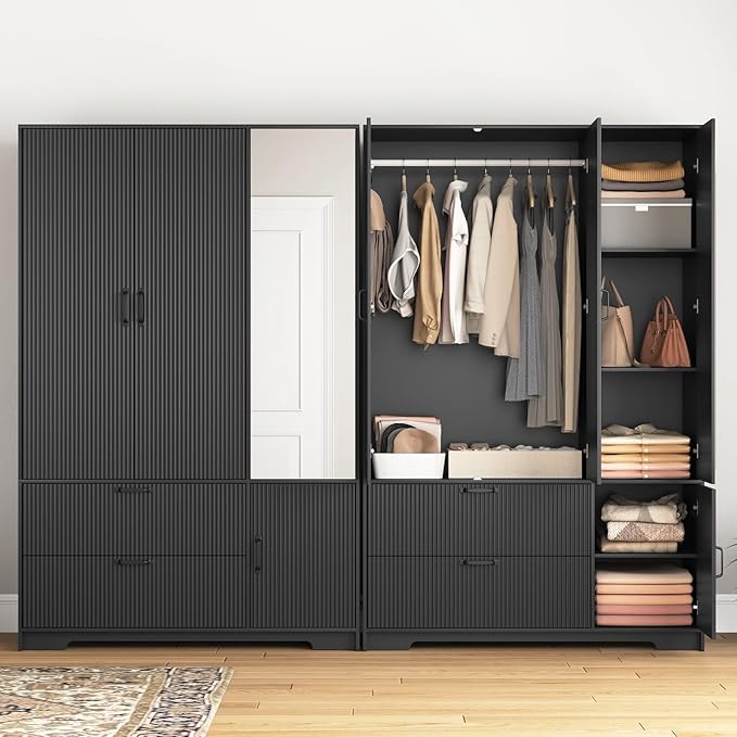 72'' Fluted Armoire Wardrobe Closet with Mirror Door and 2 Drawers,Tall Bedroom Armoire Wardrobe Cabinet with Hanging Rod,Wooden Bedroom Closet with 4 Adjustable Shelves (Black)