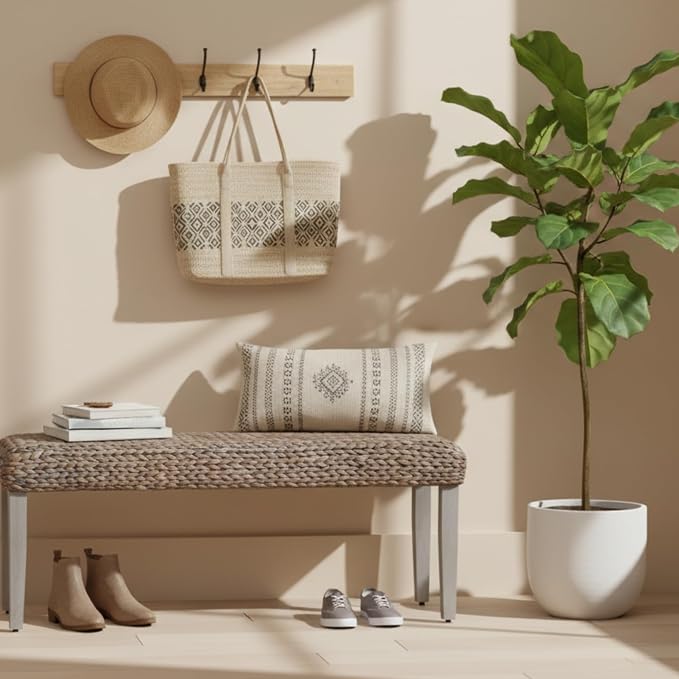 Solid Wood Acacia Indoor Bench with Natural Woven Water Hyacinth Seat, Wood Bench for Living Room or Entryway, Vintage Bench, Fishbone Style, Grey Leg - Image 4