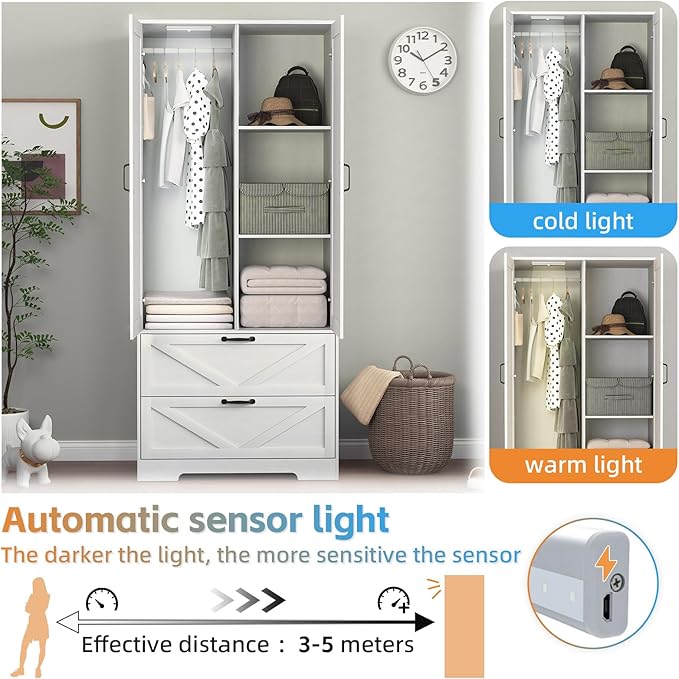 31.5" 2-Door Wardrobe with Mirror, Modern Closet with 2 Drawers, Geometric Design Storage Cabinet for Bedroom