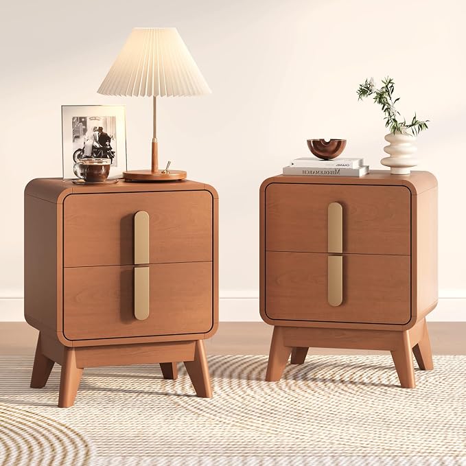 Mid Century Modern Nightstand Set of 2, Wood Bedside Table with 2 Drawers and Metal Handles, Curved Design, Night Stand Set 2 for Bedroom, Cherry by Joinice