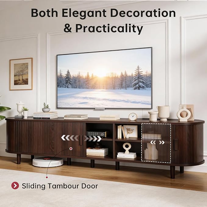 80" Mid Century Modern TV Stand, Wood TV Consoles with Sliding Doors and Power Outlet, Entertainment Center with Adjustable Shelves, Fluted TV Stands for Living Room, Walnut - Image 4