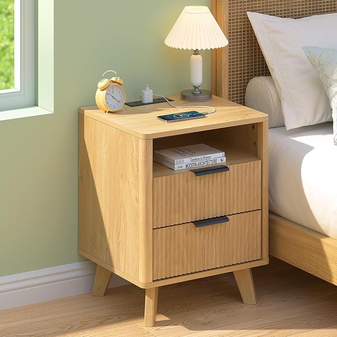 HOMMPA 18'' Fluted Nightstand with Charging Station, Modern Bedside Table, 2 Drawer Bed Side End Table with Open Compartment & 4 Support Legs, Wood Night Stand for Bedroom, Curved Profile Design - Image 9