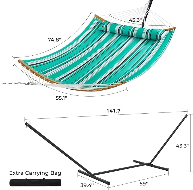 SUPERJARE Hammock with Stand, 2 Person Heavy Duty Hammock with Padded Cotton, Detachable Pillow & Strong Curved-Bar & Portable Carrying Bag, Perfect for Outdoor & Indoor, Mint Green with Stripes - Image 8