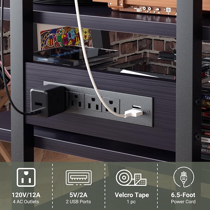 Besiost AV Media Stand with Outlets, Media Console with LED Lights, Stereo Racks and Stands with Storage Shelves, Media Audio Tower Cabinet, Black Enoby - Image 7