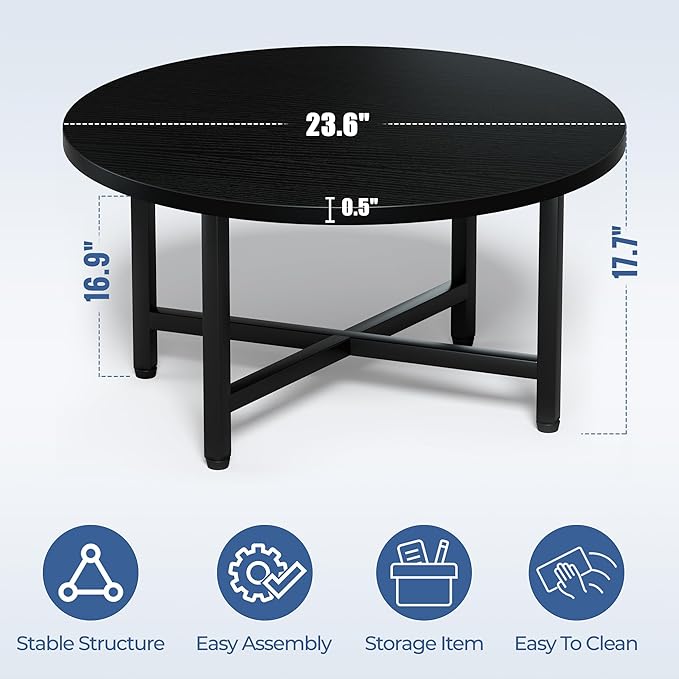 Coffee Table, 23.6" Small Coffee Tables, Black Round Coffee Tables for Living Room, Floor Table for Sitting on The Floor, Center Coffee Table with Metal Frame for Office Apartment Home
