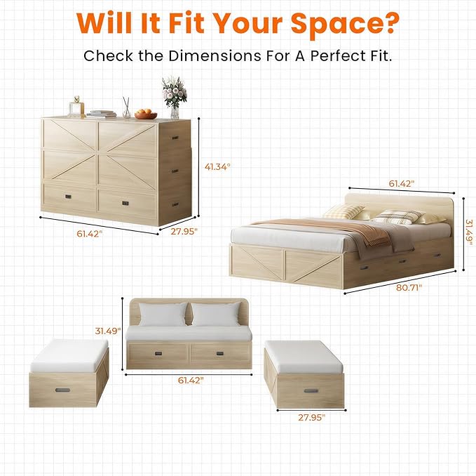 CECER Murphy Bed Queen with Mattress Include，Murphy Bed Queen with Storage Drawers，Multi-Functional Desgin that Converts to Sofa Set for Small Spaces/Guest Room/Bedroom（Natural Wood）