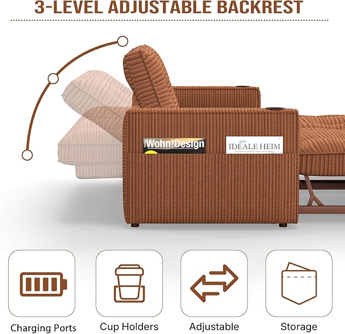 Rovibek 73.2" Convertible Sofa Bed, Pull Out Couch with USB Charging Port & Cup Holders, Adjustable Backrest, Side Pockets, Modern Corduroy Sleeper Sofa for Living Room, Bedroom, Apartment, Orange