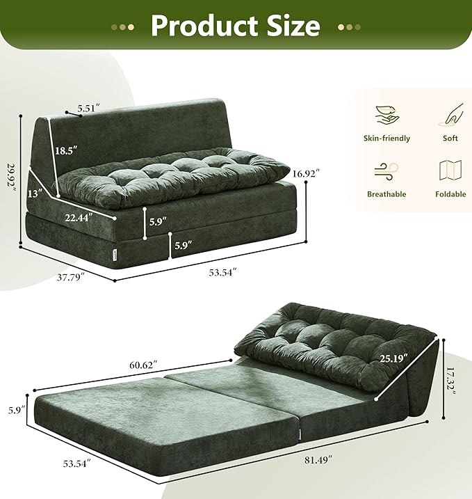 Hobestluk Sofa Couch Folding Sofa Bed Sleeper Comfy Floor Lounger Loveseat Sofa with Removable Cushion Couches Foldable Mattress for Living Room Bedroom or Office (Chenille Green, Oversize)