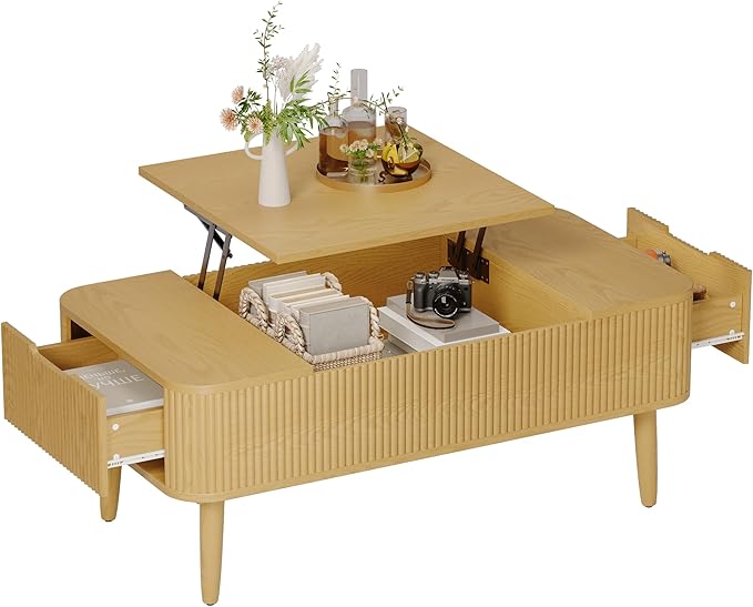 47.2” Modern Coffee Table Wooden Fluted Lift Top Coffee Table with Hidden Compartment, Mid Century Modern Rectangle Center Tables with Lifting Tabletop & 2 Storage Drawers for Home Living Room Natural
