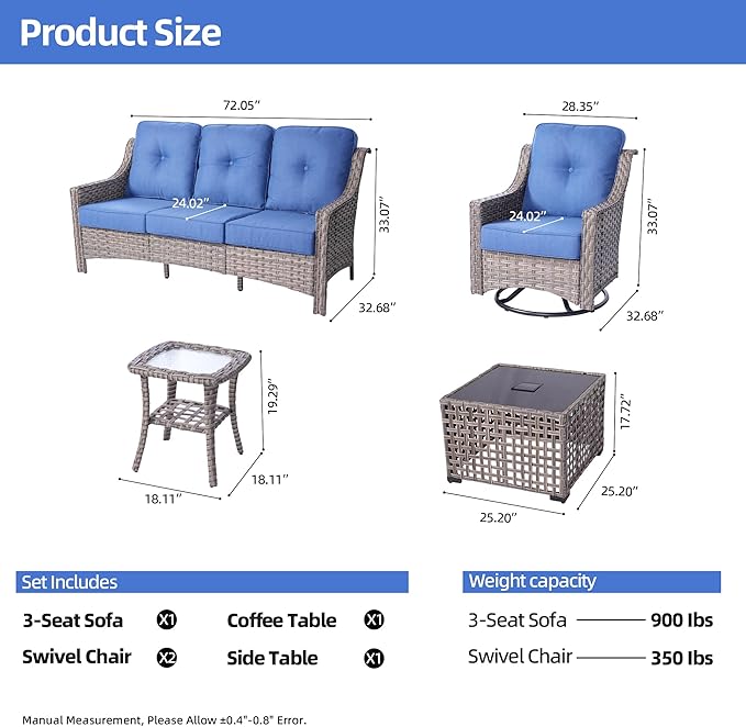 HOOOWOOO 5 Piece Patio Furniture Conversation Sets with Swivel Rocking Chairs,Outdoor Wicker Furniture with LED Tablet,All Weather Resistant High Back Rattan Conversational Set(Diamond Blue)