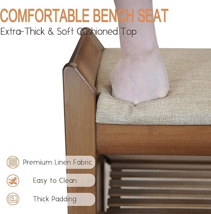 39Inch Bench with Storage, Bamboo Entryway Bench with Drawer & Magazine Rack, Upholstered Cushioned Seat, Shoe Bench for Entryway, Living Room, Bedroom End of Bed (Natural Bamboo) - Image 4