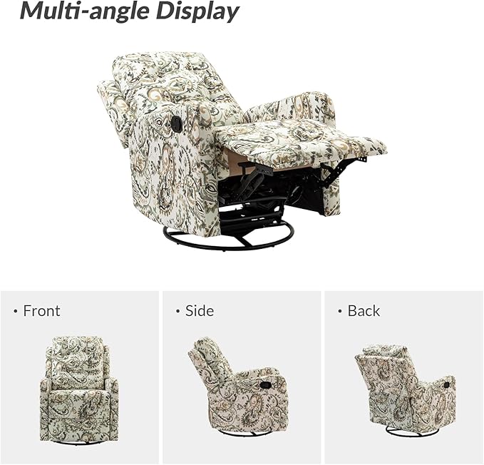 HULALA Home Recliner Chair Set of 2, Modern Printed Fabric for Living Room, Rocker Recliner Sofa Comfy Armchair 360 Degree Swivel, Nursery Rocking Chairs with Adjustable Backrest & Footrest/SAGE