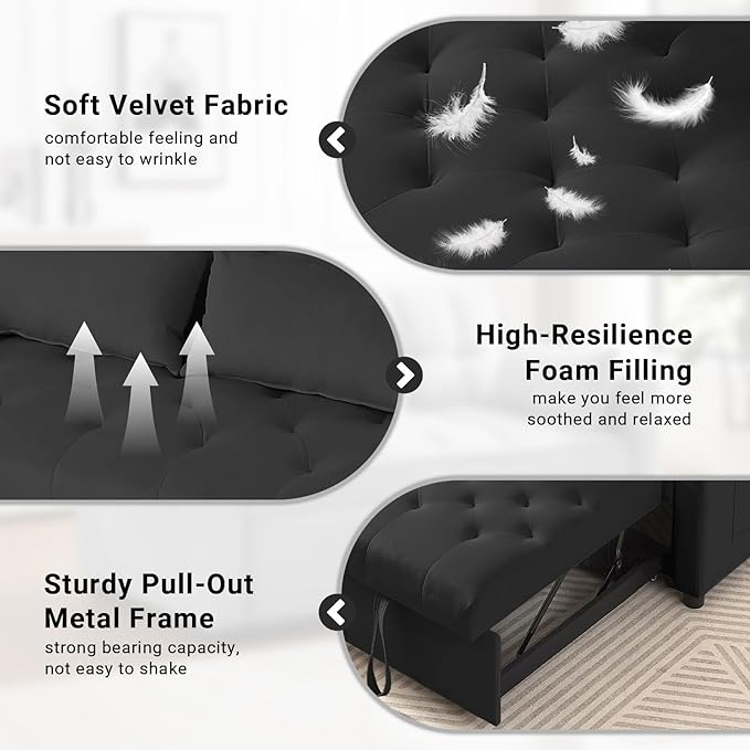 3 in 1 Convertible Sofa Bed, Pull Out Couch with 3-Level Adjustable Backrest, Loveseat Sleeper Recliner with Storage Pockets and Side Table, Velvet Chaise Lounge for Living Room