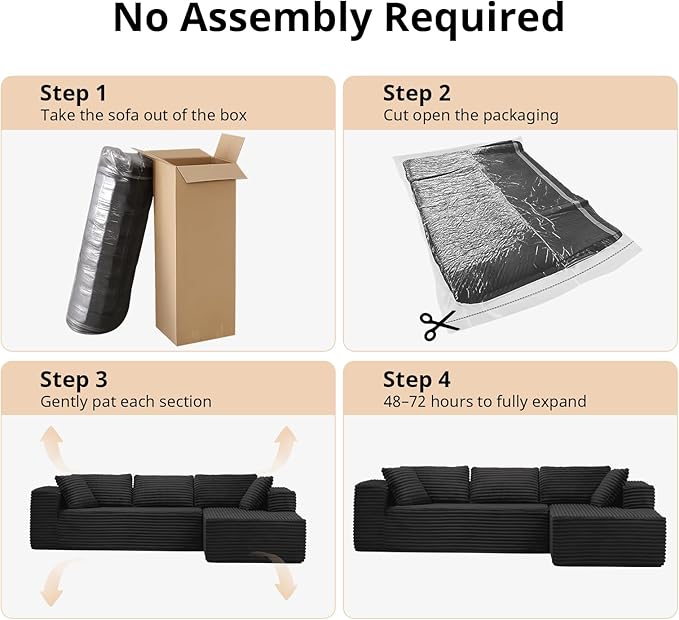 LUCKLIFE Modular Sectional Couch with L-Shape Chaise,Corduroy Upholstery Boneless Couches for Living Room,Oversized Sleeper Sofa,No Assembly Required (Black, L Shape with Right Facing Chaise)