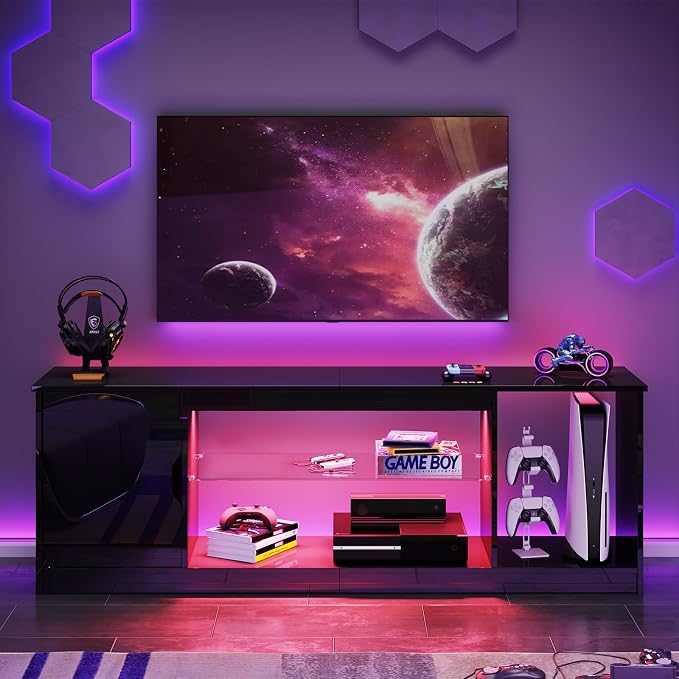 Bestier 57" Gloss Black Media Console - Gaming TV Stand for 65 Inch TV, Entertainment Center for PS5/Xbox Series X, Modern Home Theater Design, Adjustable Glass Shelves - Image 2