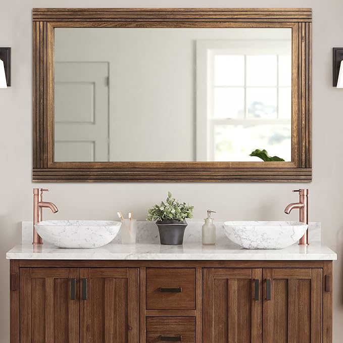 YOSHOOT Hand-Made Wooden Spliced Wall Mirror for Bathroom, Rustic Farmhouse Vanity Mirror, Décor Wall Art, Solid Wood Frame, Vertical or Horizontal Hanging, 72" x 36", Brown by YOSHOOT