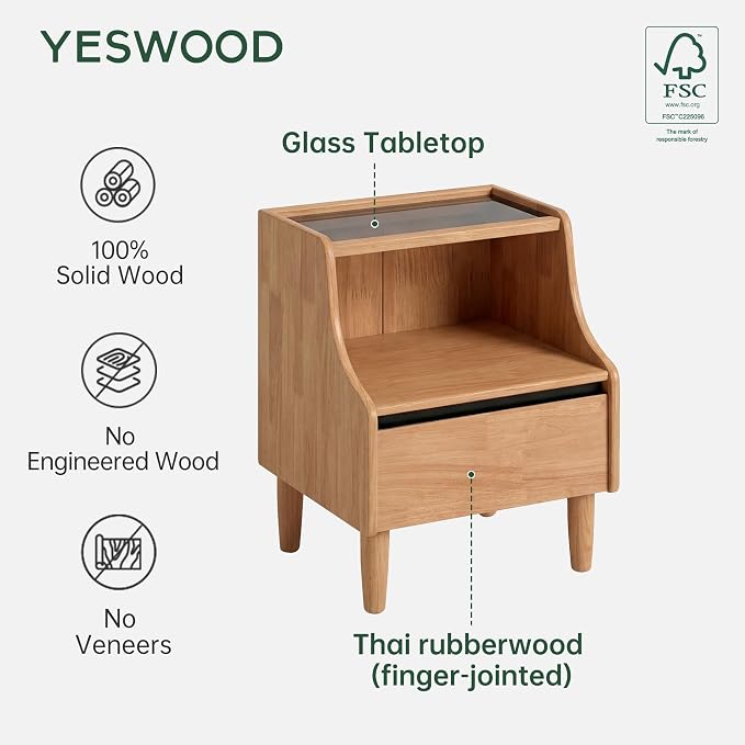 YESWOOD 100% Solid Wood Nightstand, Natural Oak Nightstands with Drawer Open Storage, Modern Night Stand with Glass Tabletop, Wooden Bedside Table for Bedroom, Side Table Living Room(23.62" H) - Image 7