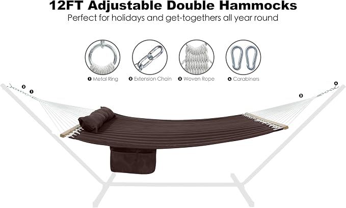 GAFETE Hammock 2 Person Quilted Fabric Hammocks for Outside, Double 12ft Hammocks with Spreader Bar, Large Removable Pillow, Storage Bag, Carabiners, Max 475 lbs Capacity (Coffee) - Image 6