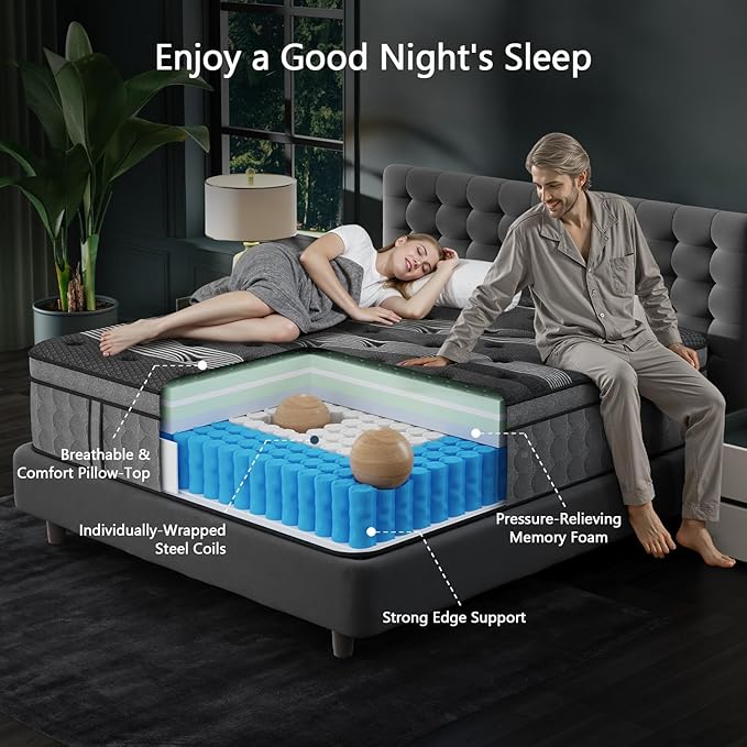 King Size Mattress 14 Inch, Hybrid King Mattress in a Box, Cooling Memory Foam Mattresses with Individual Pocket Springs, Pressure Relief, Fiberglass Free, Motion Isolation, CertiPUR-US