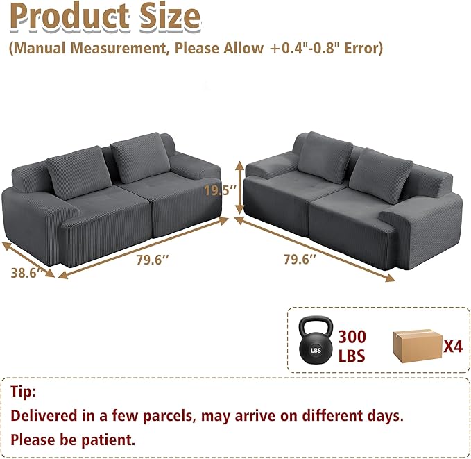 KIGOTY Modular Sectional Sofa, 4 PCS Comfy Cloud Sectional Couch with Deep Seat, Corner Sofas, Modern Boneless Couch for Living Room, No Assembly Required,Grey