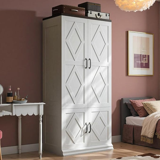 ANCTOR Wardrobe Closet with Doors, 71" H Tall Wooden Closet with 5 Clothing Shelves, Hanging Rod for Clothes, Bedroom Freestanding Armoire Storage Cabinet, Stand Alone Clothing Unit, White