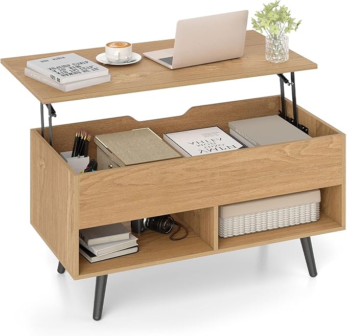 Giantex Lift Top Coffee Table, Modern Cocktail Table w/Hidden Compartment & 2 Open Shelves, Flip Top Center Table, Wooden Pull up Coffee Table for Living Room, Reception Room, Office (Natural)