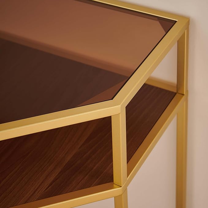 Corner Table for Small Space, Triangle Computer Desk for Living Room, Bedroom, Workstation, Office, 2-Tier Structure, Amber Glass Top and Walnut Shelf with Gold Finish Frame