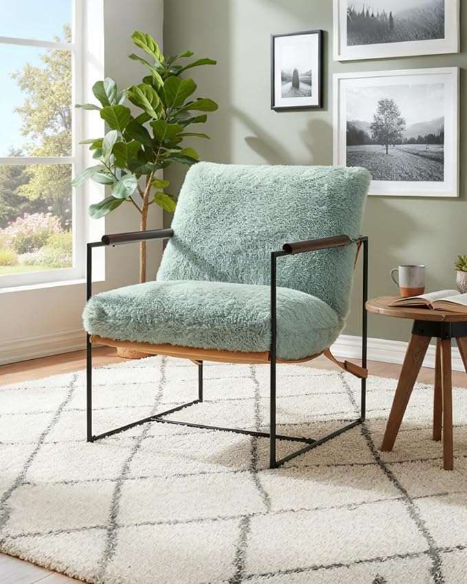 Karl home Modern Accent Chair Plush Fleece Upholstered Living Room Chair with Metal Frame Wooden Armrest Comfy Lounge Armchair for Living Room, Bedroom, Balcony, Reading Room, Teal