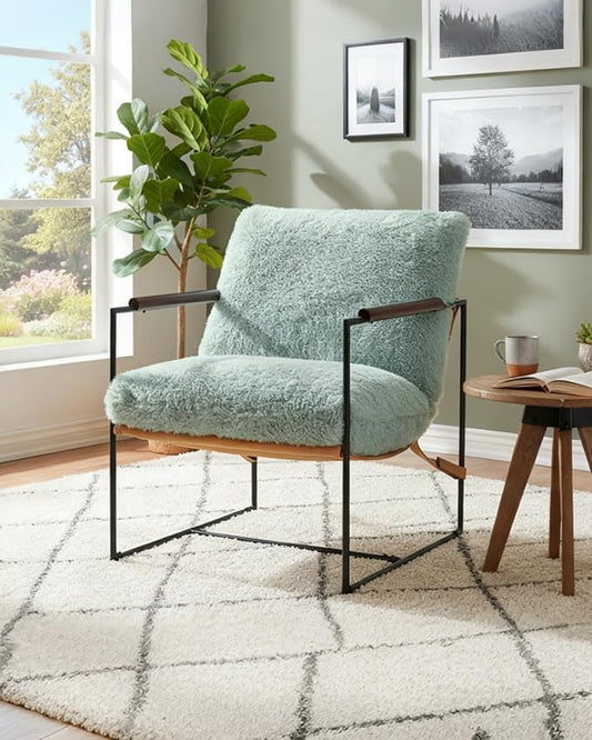 Karl home Modern Accent Chair Plush Fleece Upholstered Living Room Chair with Metal Frame Wooden Armrest Comfy Lounge Armchair for Living Room, Bedroom, Balcony, Reading Room, Teal