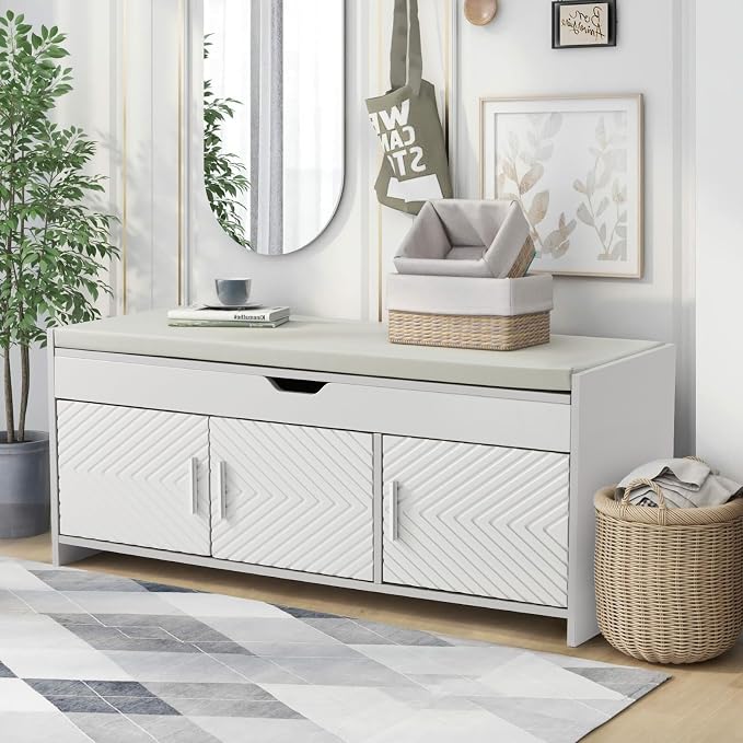 ECOTOUGE Storage Bench, Shoe Bench with Lift Top Storage, Entryway Bench with Cushioned Seat, Adjustable Shelf for Living Room, Bedroom, Hallway, Light Grey by ECOTOUGE
