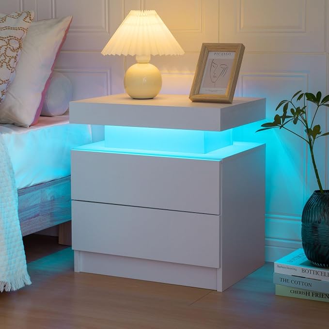Bingoday Nightstand Set of 2 LED Nightstand with 2 Drawers, Bedside Table with Drawers for Bedroom Furniture, Side Bed Table with LED Light - Image 4