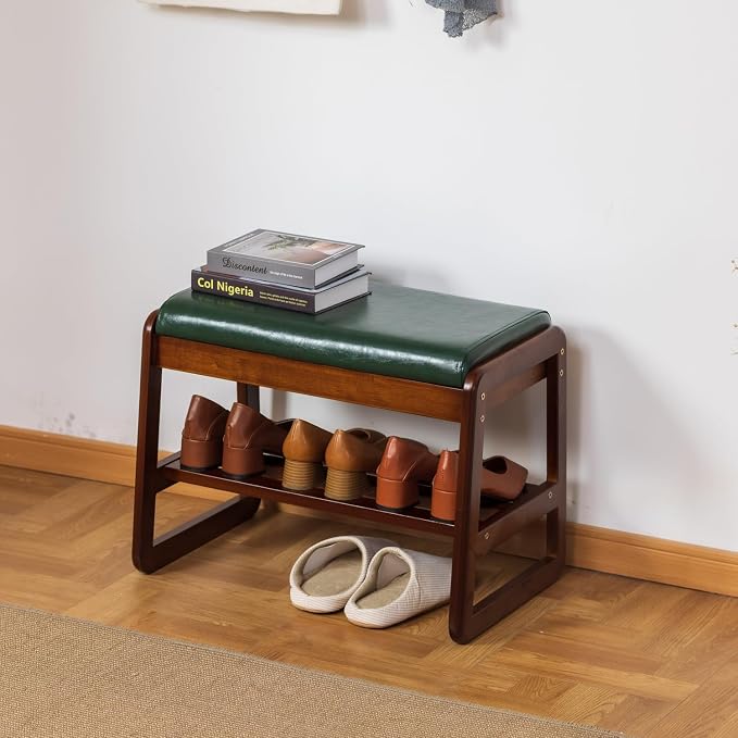 Solid Wood Shoe Bench, 2-Tier Entryway Bench with Cushion and Flip-Open Storage Box, Mid-Century Modern Shoe Bench Rack for Hallway, Mudroom(Green, 21.65'') - Image 3