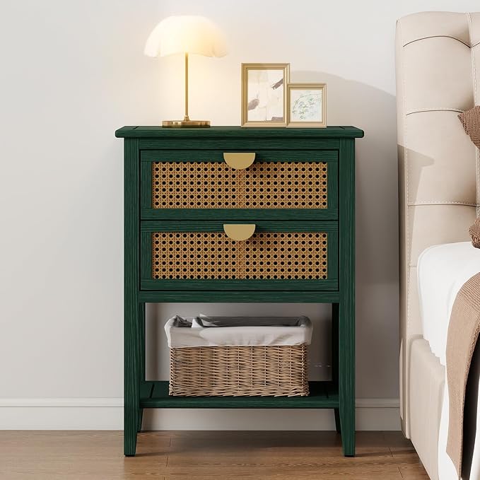 Green Rattan Nightstand with 2 Drawers & 1 Open Storage Shelf, Boho Bedside Table with Golden Semi-Circular Handles & Solid Wood Legs, Narrow Wood Side Table for Bedroom, 1 PC by LFGUIZO