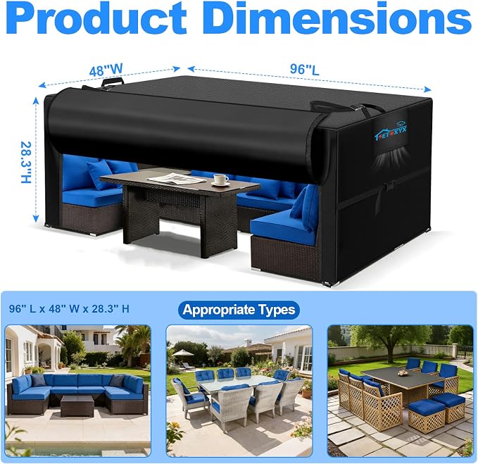 Patio Furniture Covers, 600D Outdoor Furniture Set Covers, Waterproof Patio Table and Chair Set Cover with Flip-Open Zipper Design, Windproof Buckle Straps, 96" L x 48" W x 28.3" H - Image 3