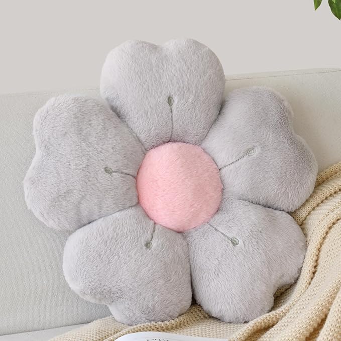 Flower Shaped Pillow, Cute Decorative Throw Pillows with Soft Rabbit Fur for Couch Bed Chair Floor, Christmas Pillow Seating Cushions with Room Décor for Bedroom Living Room(19.6 Inches, Silver)