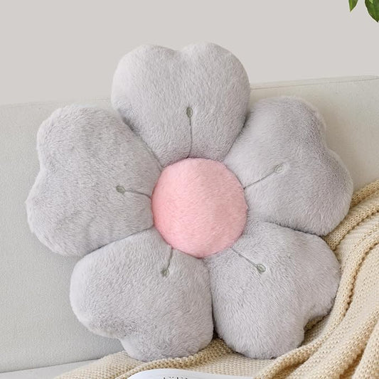 Flower Shaped Pillow, Cute Decorative Throw Pillows with Soft Rabbit Fur for Couch Bed Chair Floor, Christmas Pillow Seating Cushions with Room Décor for Bedroom Living Room(19.6 Inches, Silver)
