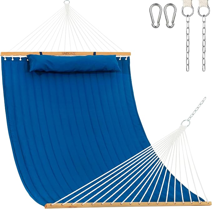 Lazy Daze 12 FT Double Quilted Fabric Hammock with Spreader Bars and Detachable Pillow, 2 Person Hammock for Outdoor Patio Backyard Poolside, 450 LBS Weight Capacity, Dark Blue/Natural by LazyDazeHammocks