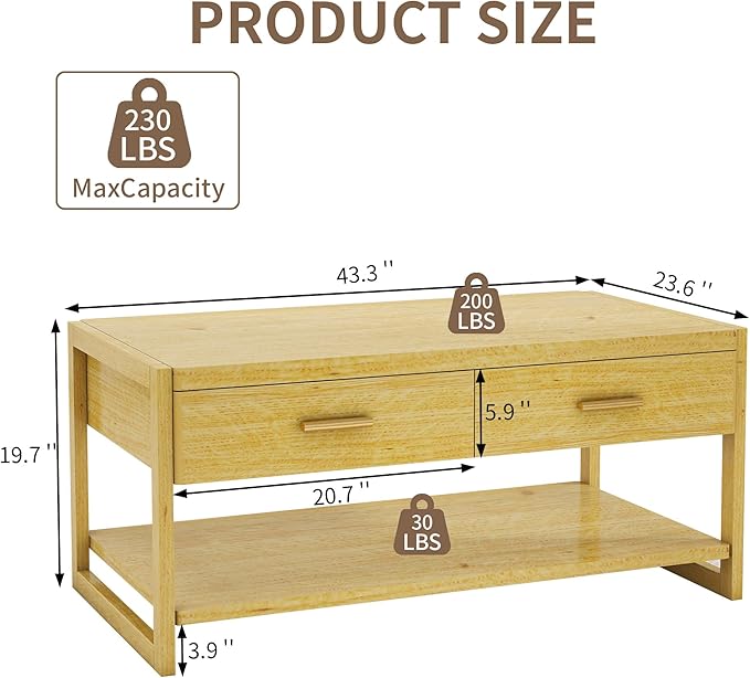 Solid Wood Coffee Table with Storage Living Room Table with 2 Drawers Shelf & Reinforced Legs