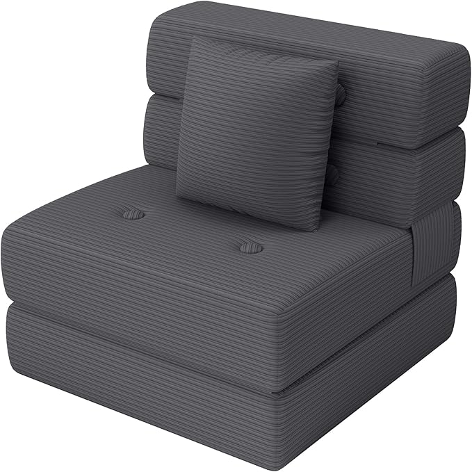 Folding Sofa Bed, Convertible Sleeper Chair & Couch Bed with Pillow, One-Piece High-Density Sponge Mattress, Multi-Purpose Corduroy Floor Sofa for Living Room, Office, Apartment, Grey, Single