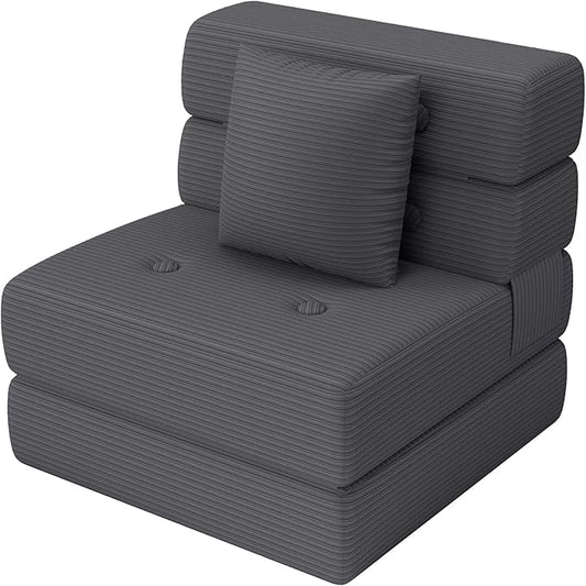 Folding Sofa Bed, Convertible Sleeper Chair & Couch Bed with Pillow, One-Piece High-Density Sponge Mattress, Multi-Purpose Corduroy Floor Sofa for Living Room, Office, Apartment, Grey, Single
