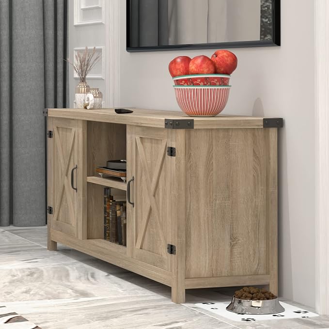 YESHOMY Modern Farmhouse TV Stand with Two Barn Doors and Storage Cabinets for Televisions up to 65+ Inch, Entertainment Center Console Table, Media Furniture for Living Room, 58 Inch, White Oak - Image 5